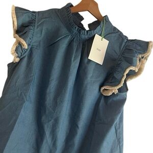 Voy Denim Blue Ruffle Sleeves Back Tie Tops Size Medium NWT